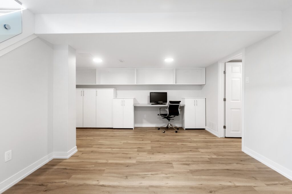 a clean, bright, fresh, modern basement conversion office space hangout room flex area